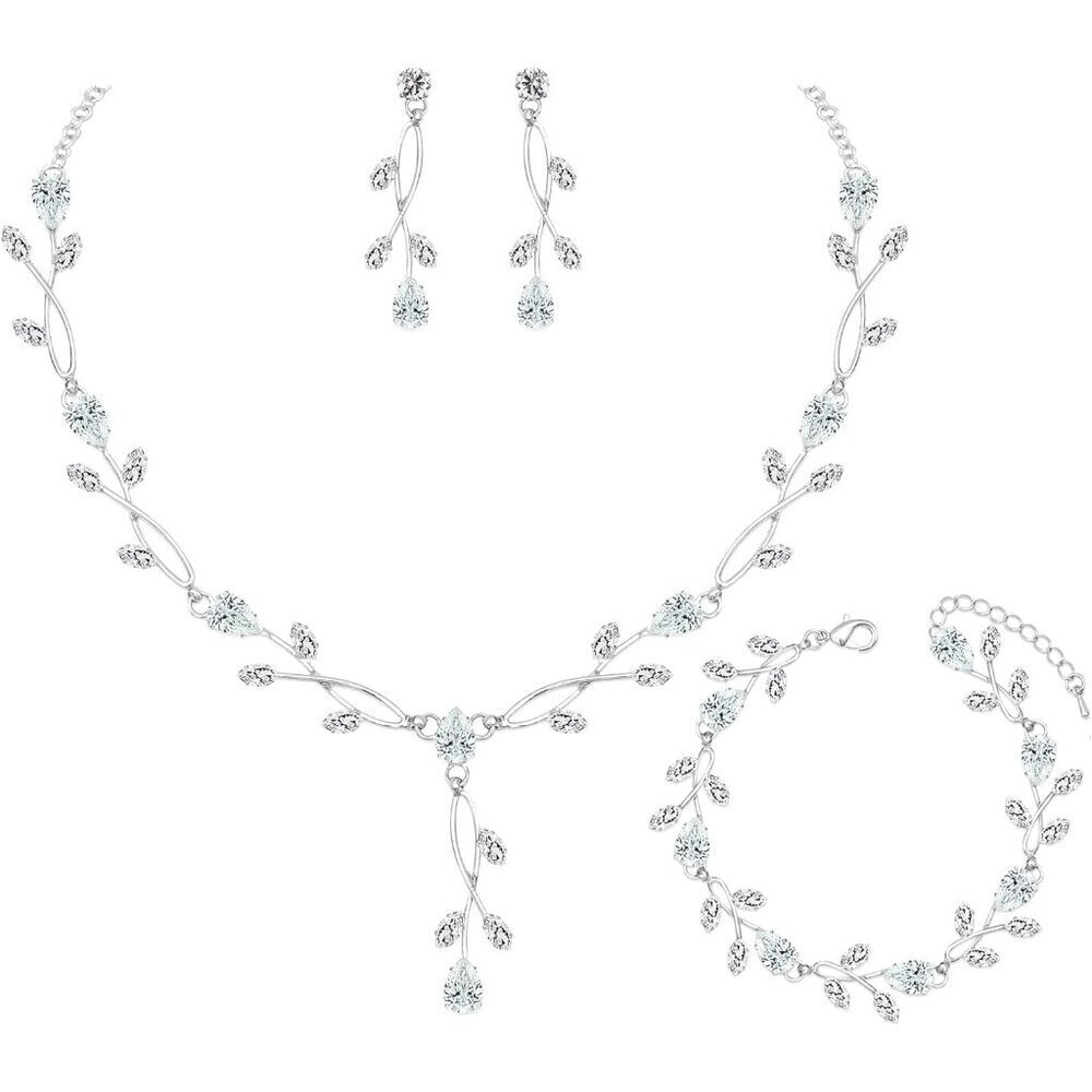Bridal Jewelry Set Silver Cubic Zirconia Necklace Earrings Bracelet Women